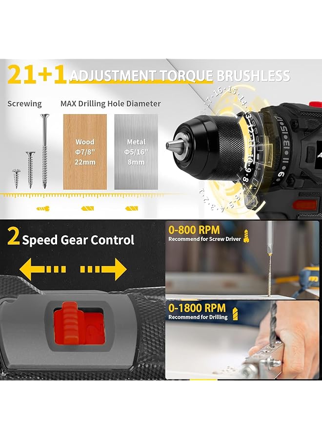 إيروريكس طقم مثقاب لاسلكي 48 فولت، مثقاب كهربائي بدون فرشاة مع بطاريتين وشاحن، محرك مثقاب كهربائي بسرعتين مع 65 إعدادًا لعزم الدوران، ضوء LED مدمج وحقيبة تخزين، أسود - Image 3