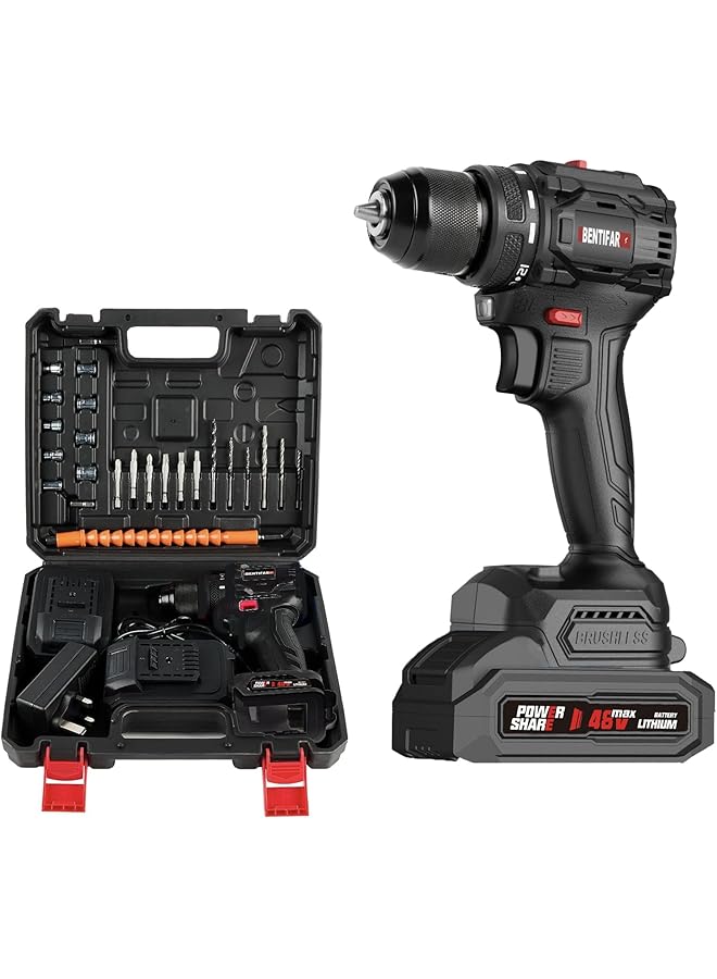 إيروريكس طقم مثقاب لاسلكي 48 فولت، مثقاب كهربائي بدون فرشاة مع بطاريتين وشاحن، محرك مثقاب كهربائي بسرعتين مع 65 إعدادًا لعزم الدوران، ضوء LED مدمج وحقيبة تخزين، أسود - Image 1