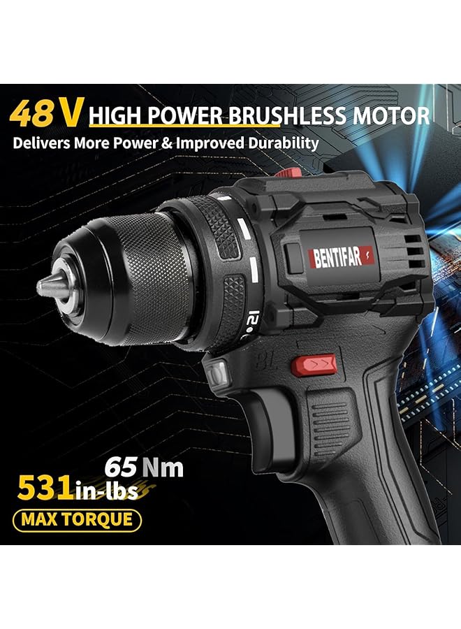 إيروريكس طقم مثقاب لاسلكي 48 فولت، مثقاب كهربائي بدون فرشاة مع بطاريتين وشاحن، محرك مثقاب كهربائي بسرعتين مع 65 إعدادًا لعزم الدوران، ضوء LED مدمج وحقيبة تخزين، أسود - Image 2