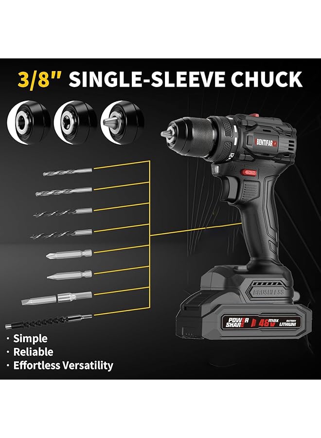 إيروريكس طقم مثقاب لاسلكي 48 فولت، مثقاب كهربائي بدون فرشاة مع بطاريتين وشاحن، محرك مثقاب كهربائي بسرعتين مع 65 إعدادًا لعزم الدوران، ضوء LED مدمج وحقيبة تخزين، أسود - Image 4