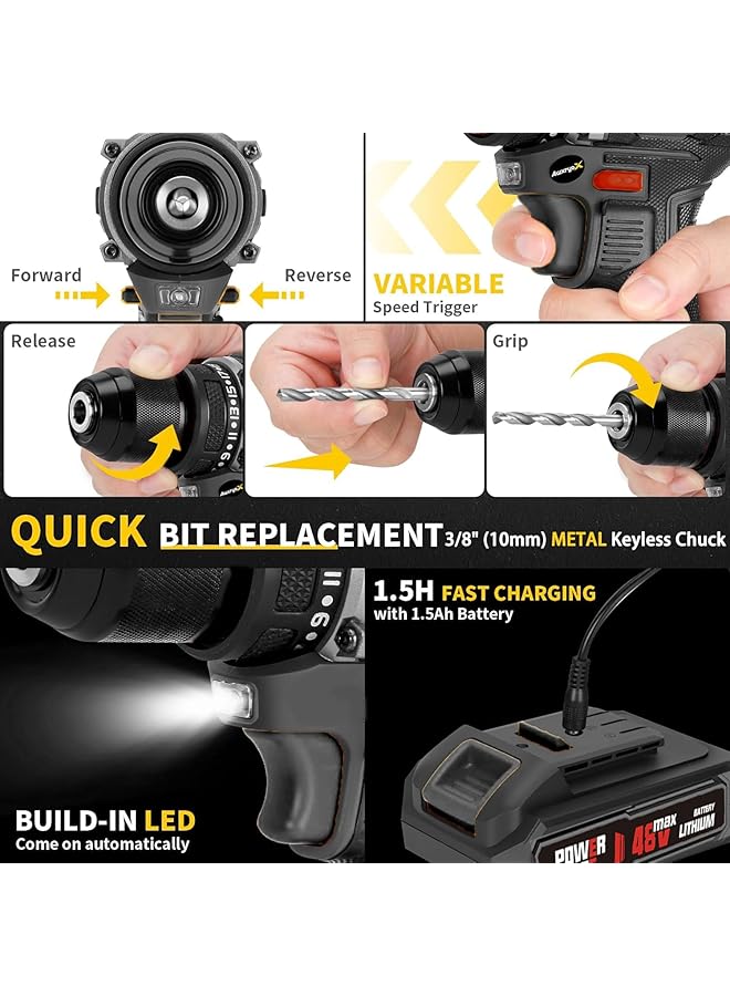 إيروريكس طقم مثقاب لاسلكي 48 فولت، مثقاب كهربائي بدون فرشاة مع بطاريتين وشاحن، محرك مثقاب كهربائي بسرعتين مع 65 إعدادًا لعزم الدوران، ضوء LED مدمج وحقيبة تخزين، أسود - Image 5