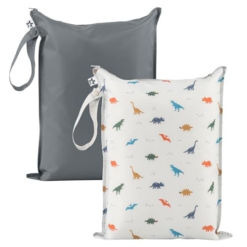 Tiny Twinkle Mess Proof Wet Bags 2Pack Reusable Waterproof Wet Bags for Swimsuits Baby Clothes Travel Diaper Bag Dinosaur - Image 1