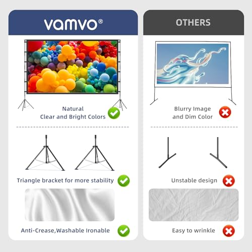 Vamvo 120 Inch Projector Screen with Stand, 16:9 4K HD Portable Projector Screen, Indoor Outdoor Front/Rear with Carry Bag for Home Theater Backyard Camping Movie Night - Image 4