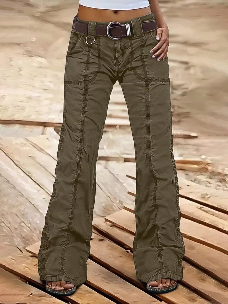 Flamingals Straight Leg Pants for Women Mid Rise Casual Cargo Solid Patch Pockets Stitch Detail Pants Mocha L - Image 3