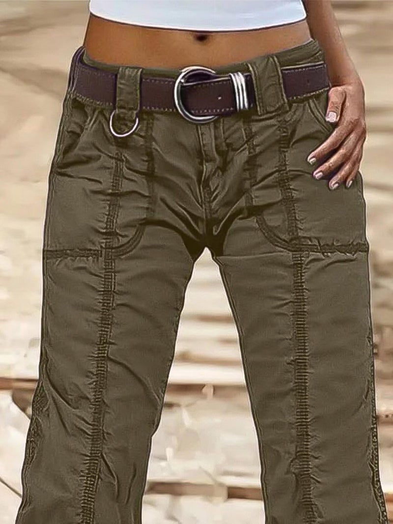Flamingals Straight Leg Pants for Women Mid Rise Casual Cargo Solid Patch Pockets Stitch Detail Pants Mocha L - Image 2