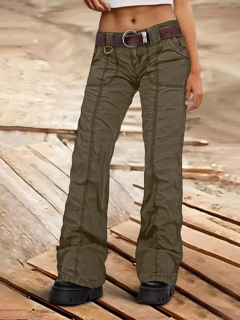 Flamingals Straight Leg Pants for Women Mid Rise Casual Cargo Solid Patch Pockets Stitch Detail Pants Mocha L - Image 5
