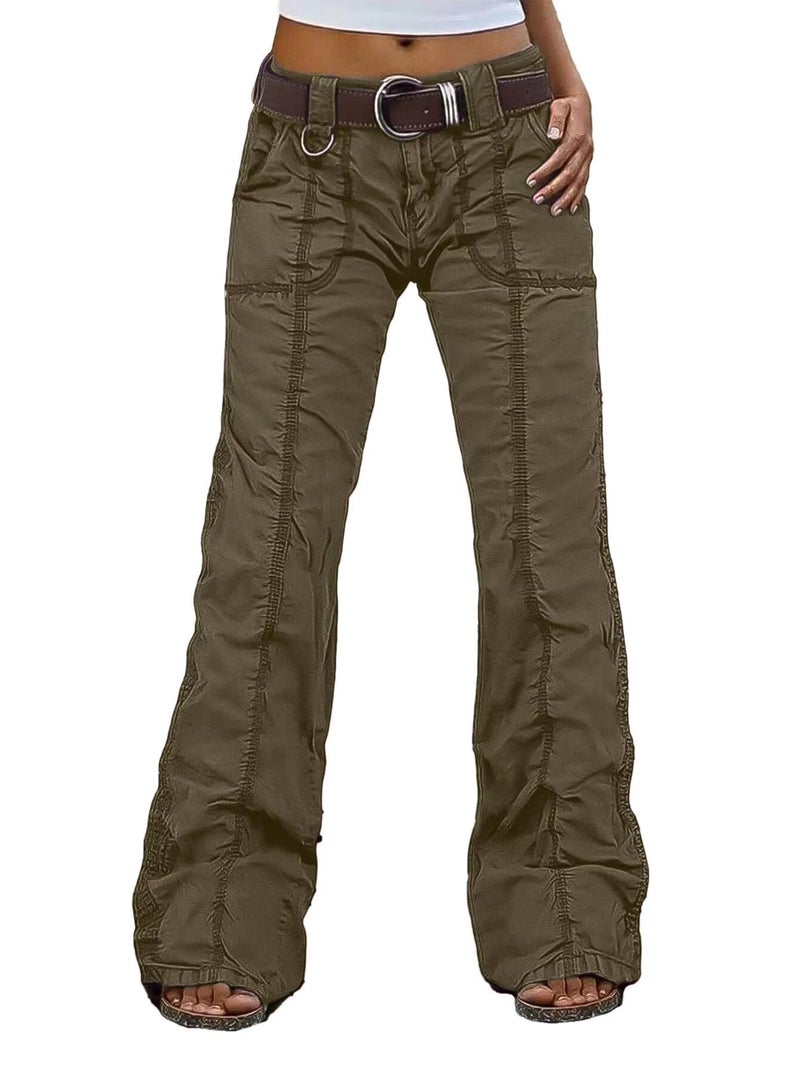 Flamingals Straight Leg Pants for Women Mid Rise Casual Cargo Solid Patch Pockets Stitch Detail Pants Mocha L - Image 1