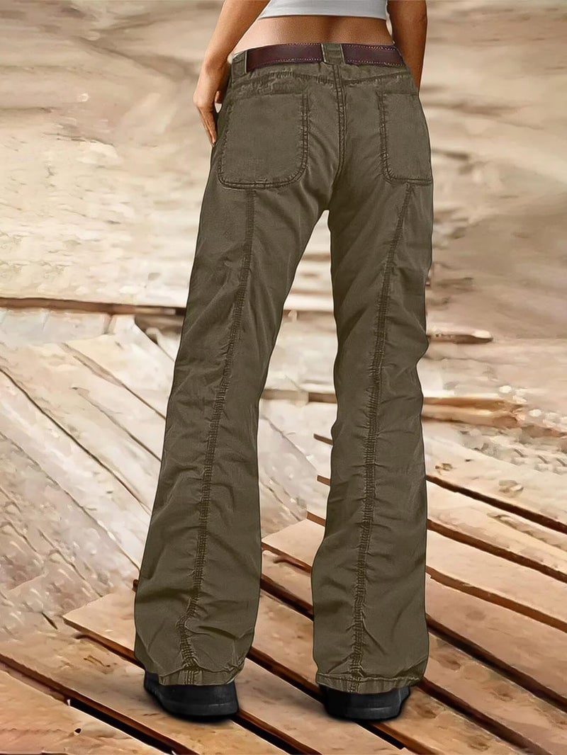 Flamingals Straight Leg Pants for Women Mid Rise Casual Cargo Solid Patch Pockets Stitch Detail Pants Mocha L - Image 4