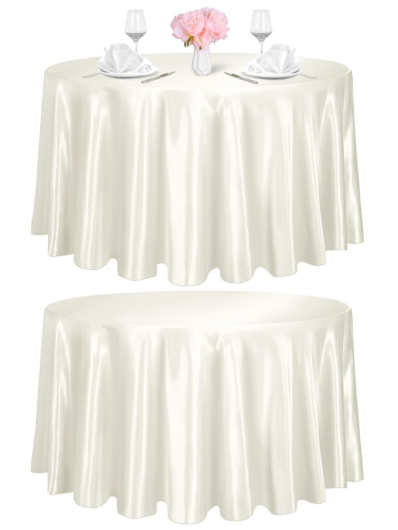 TURSTIN 2 Pieces Round Satin Tablecloth 120 Inches Overlay Table Cover Smooth Fabric Table Decor Bright Silk Tablecloth for Holiday Dinner Wedding Banquet Table Decoration Ivory