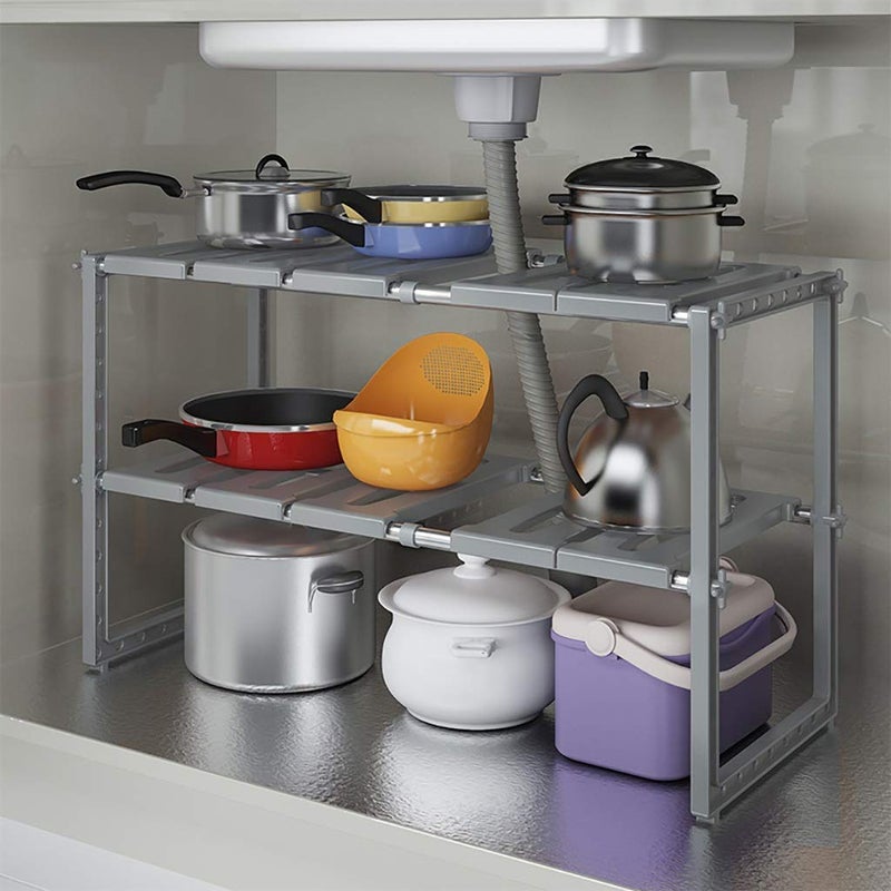 AIGOUWU Kitchen Storage Rack Kitchen Accessories 2 Layers Expandable Under Sink Organizer Rack, Home Multifunctional Storage Rack for Kitchen Bathroom Cabinet Shelves, Cooking Accessories Grey - Image 1
