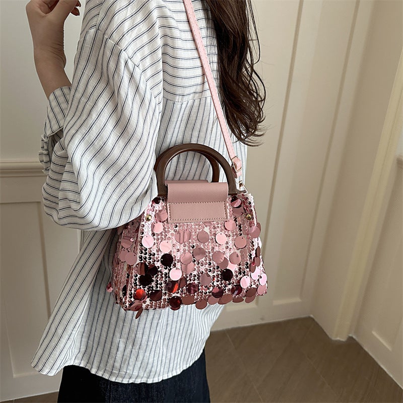 Vintage Shiny Sequins Mini Flip Handbag Wooden Curved Handle Detachable Crossbody Strap Fine Edge Stitching Medium Capacity Compact Bag For Weekend Shopping Concert Festival Versatile Accessory - Image 3