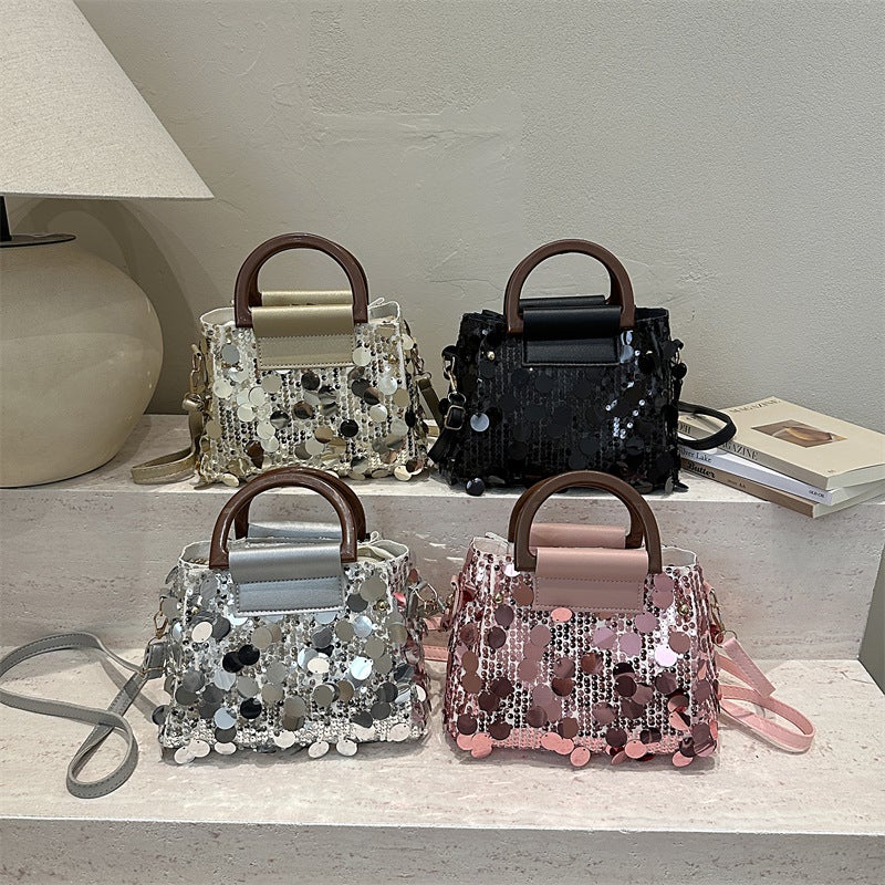 Vintage Shiny Sequins Mini Flip Handbag Wooden Curved Handle Detachable Crossbody Strap Fine Edge Stitching Medium Capacity Compact Bag For Weekend Shopping Concert Festival Versatile Accessory - Image 5