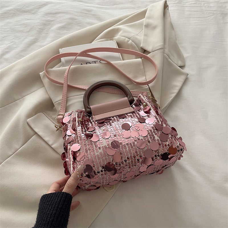 Vintage Shiny Sequins Mini Flip Handbag Wooden Curved Handle Detachable Crossbody Strap Fine Edge Stitching Medium Capacity Compact Bag For Weekend Shopping Concert Festival Versatile Accessory - Image 1