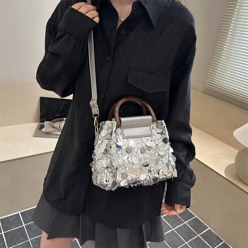 Vintage Shiny Sequins Mini Flip Handbag Wooden Curved Handle Detachable Crossbody Strap Fine Edge Stitching Medium Capacity Compact Bag For Weekend Shopping Concert Festival Versatile Accessory - Image 4