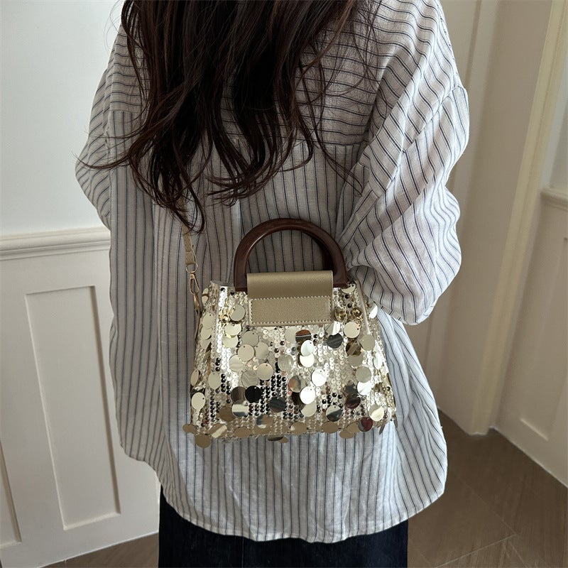 Vintage Shiny Sequins Mini Flip Handbag Wooden Curved Handle Detachable Crossbody Strap Fine Edge Stitching Medium Capacity Compact Bag For Weekend Shopping Concert Festival Versatile Accessory - Image 2