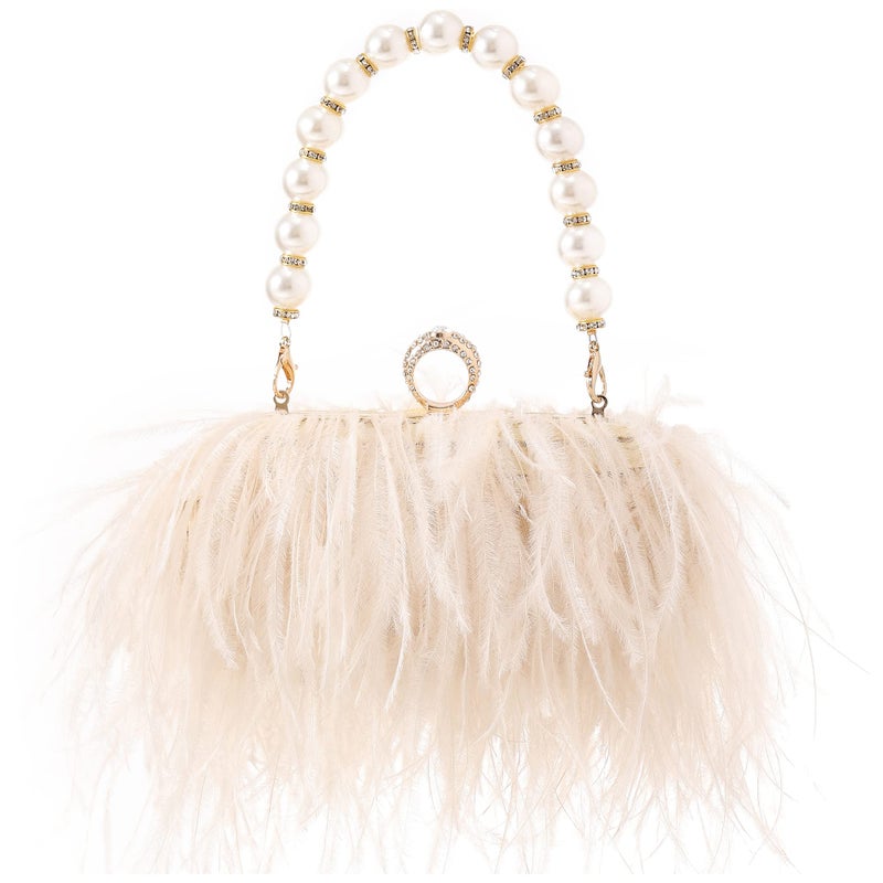Menurra Women Ostrich Feather Evening Bags Purses Clutch Vintage Banquet Handbag (A champange) - Image 1