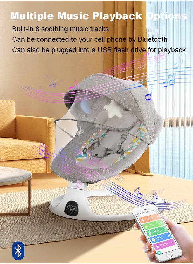Bolivia's - Electric Baby Rocker with Bluetooth & Remote Control - 0-36 Months Baby Swing  , 5 Sway Speeds 3 Seat Positions, Safe Portable Bouncer Chair with  Bluetooth Touch Screen for Newborn to Toddler, 10 Preset Lullabies 5-Point Carabiner (Grey) - Image 1