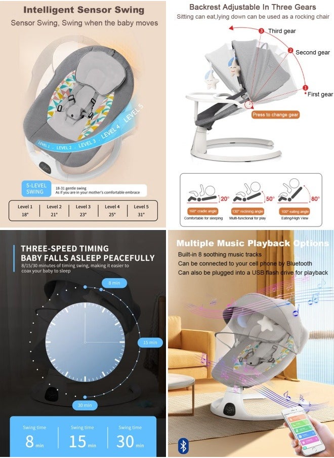 Bolivia's Electric Baby Rocker with Bluetooth & Remote Control - 0-36 Months Baby Swing  , 5 Sway Speeds 3 Seat Positions, Safe Portable Bouncer Chair with  Bluetooth Touch Screen for Newborn to Toddler, 10 Preset Lullabies 5-Point Carabiner (Grey)  - Image 2