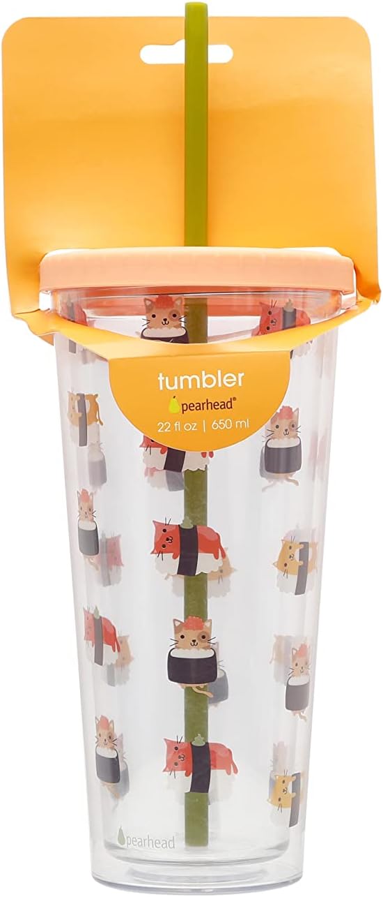Pearhead Cat Sushi Water Cup Pet Owner Travel Tumbler  22oz with Twiston Lid and Reusable Straw - Image 5