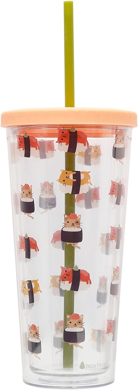 Pearhead Cat Sushi Water Cup Pet Owner Travel Tumbler  22oz with Twiston Lid and Reusable Straw - Image 1