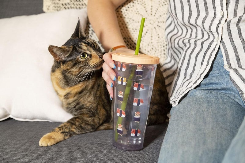 Pearhead Cat Sushi Water Cup Pet Owner Travel Tumbler  22oz with Twiston Lid and Reusable Straw - Image 4