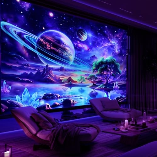 Lahasbja Blacklight Galaxy Space Tapestry UV Reactive Planet Wall Hanging Magical Trees Tapestries Cosmic Mountain Landscape Wall Decor Aesthetic Starry Night Backdrop for Bedroom - Image 4
