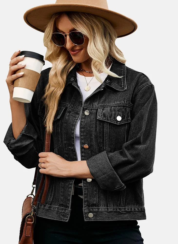 يونيكي Grey Plain Regular Fit Long Sleeve Denim Jacket