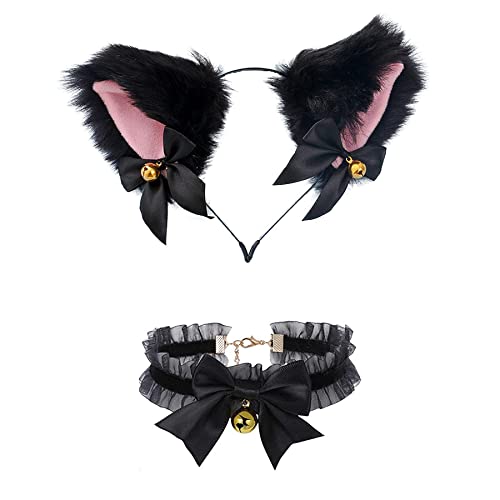 Faylay Cosplay Women Plush Furry Cat Ears Headwear Accessory for Party (4-HMFLHHDJ&Necklace) - Image 1