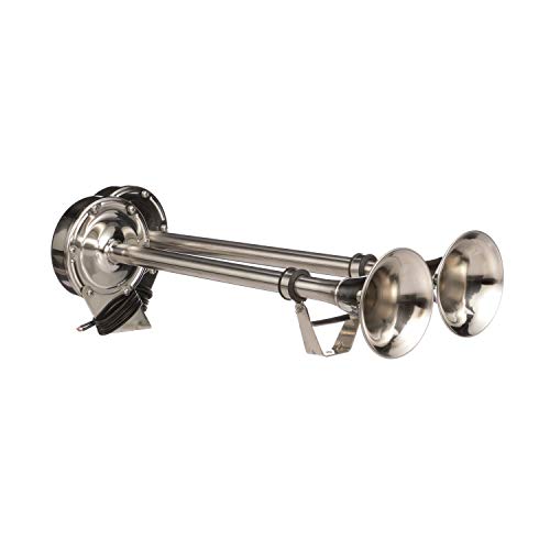 Seachoice Stainless Steel Dual Trumpet Horn, Vibration-Free Mounting Pad, 20-3/4 in. Long, 12V - Image 1
