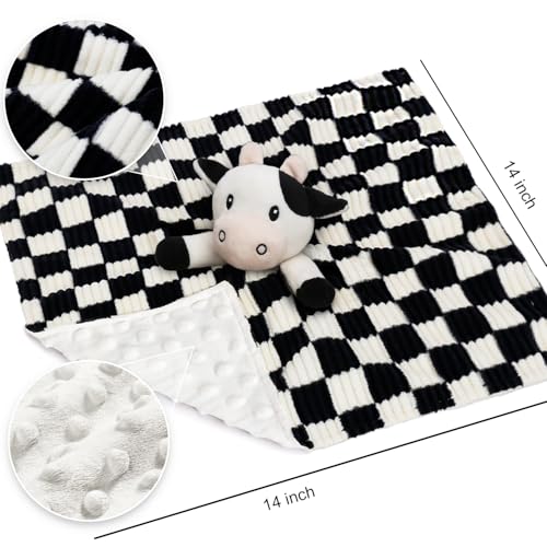 BEILIMU Cow High Contrast Baby Security Blanket for Babies, Soft 3D Checkerboard Lovey with Minky Dot Fabric Backing, Newborn Boys and Girls Snuggle Stuffed Animal Blankie 14 Inch - Image 3