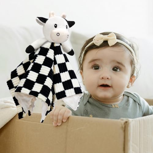 BEILIMU Cow High Contrast Baby Security Blanket for Babies, Soft 3D Checkerboard Lovey with Minky Dot Fabric Backing, Newborn Boys and Girls Snuggle Stuffed Animal Blankie 14 Inch - Image 4