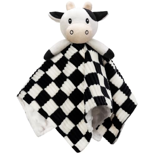 BEILIMU Cow High Contrast Baby Security Blanket for Babies, Soft 3D Checkerboard Lovey with Minky Dot Fabric Backing, Newborn Boys and Girls Snuggle Stuffed Animal Blankie 14 Inch - Image 1