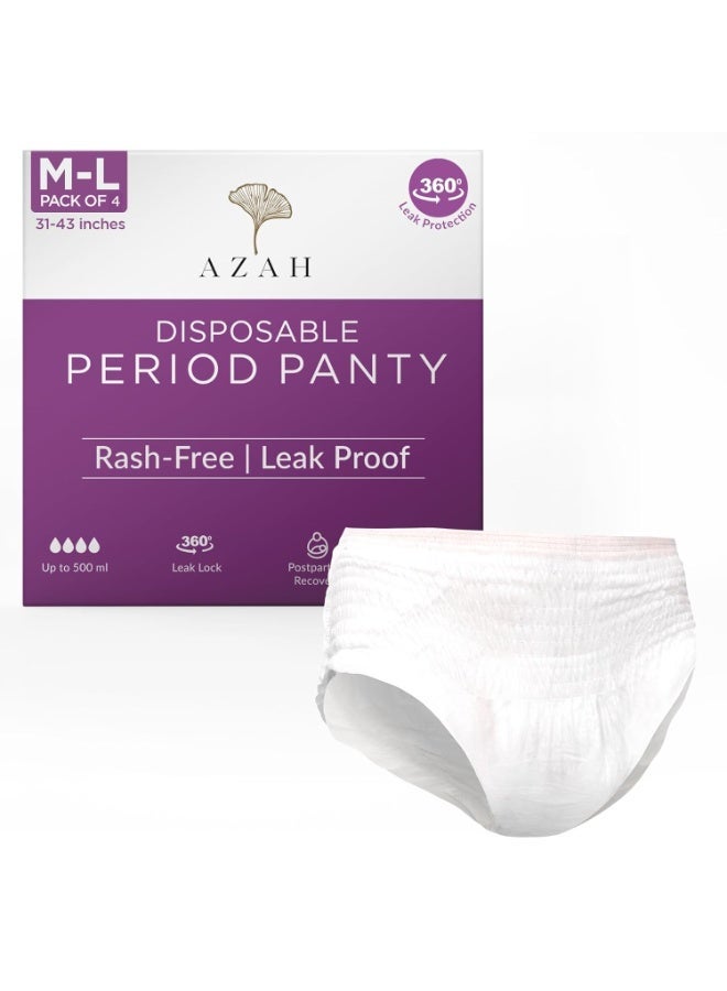 AZAH Periods Panty For Women [M-L Pack of 4] | 12 Hrs Protection | Super Absorbent 360° Coverage | Leak Proof Overnight Period Panty for Girls |Heavy Flow | Rash Free Disposable Panties After Delivery - Image 1