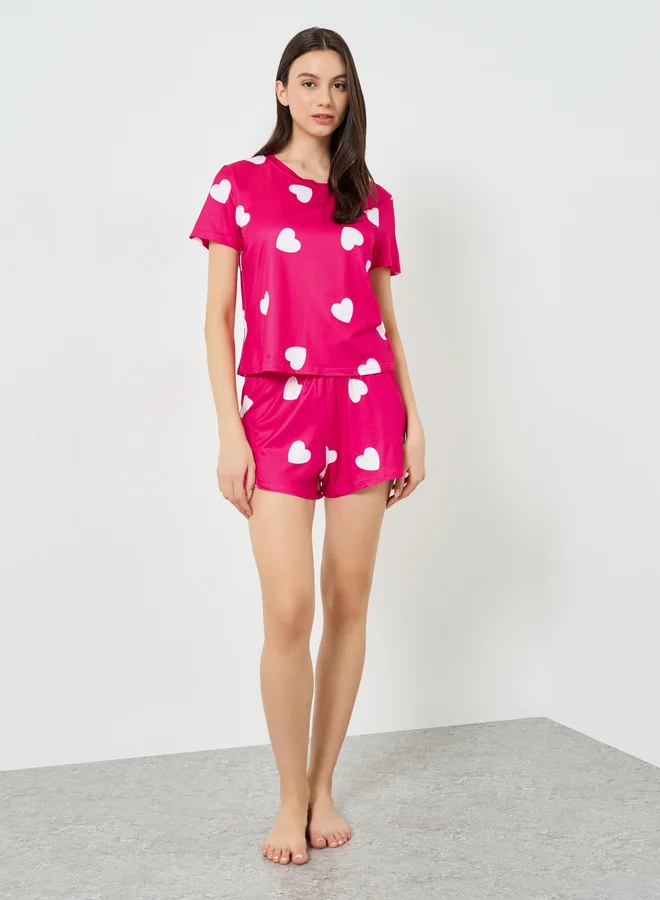 Take Two Pink Heart Print Top with Shorts Pyjama Set