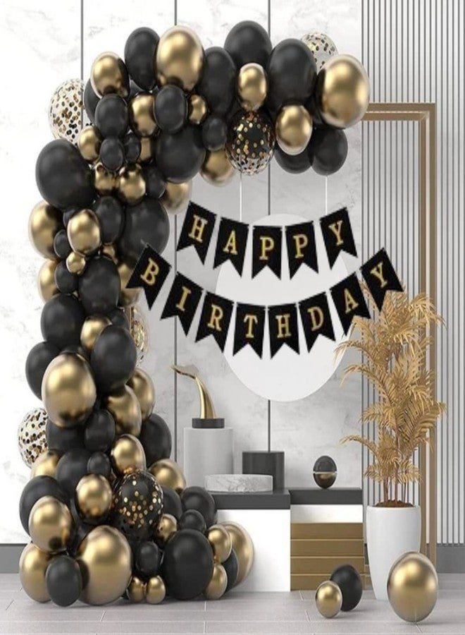 Party Town طقم بالونات بارتي تاون™ باللونين الأسود والذهبي، مثالي لحفلات أعياد ميلاد الأولاد والبنات. يتضمن 60 بالونًا معدنيًا وباستيل باللونين الأسود والذهبي، و5 بالونات ذهبية مليئة بالقصاصات الورقية، ولافتة "عيد ميلاد سعيد"، و3 أمتار من شريط قوس البالونات. زينة يمكنك تركيبها بنفسك، سهلة التركيب (بتصميم أسود وذهبي). - Image 1