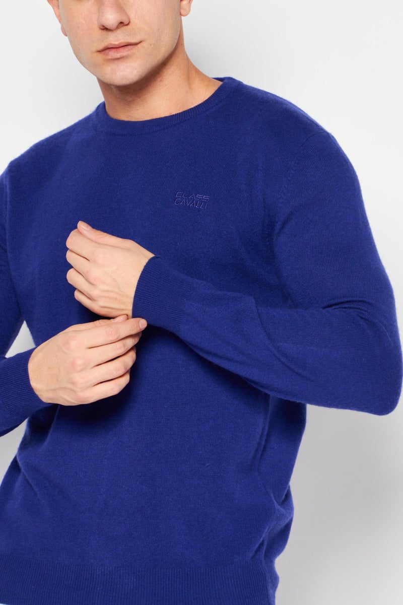 Cavalli Class Men Crew Neck Long Sleeve Brand Logo Sweater, Blue - Image 3