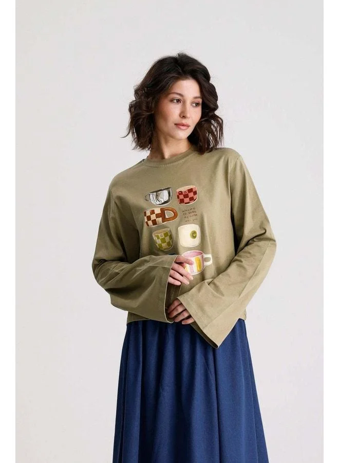 mina aise Women's Khaki Wide Sleeve Oversized Printed T-shirt 31100.