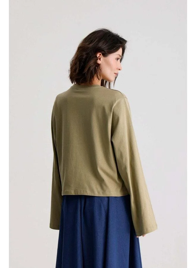 mina aise Women's Khaki Wide Sleeve Oversized Printed T-shirt 31100.