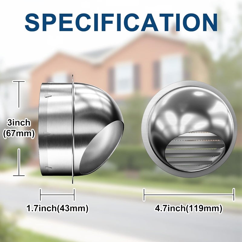 HYITCL 3 Inch/75mm Dryer Vent Cover Stainless Steel Round Air Ventilation Dryer Exhaust Vent Wall Vent Cover Ventilation Grill Hood - Image 2
