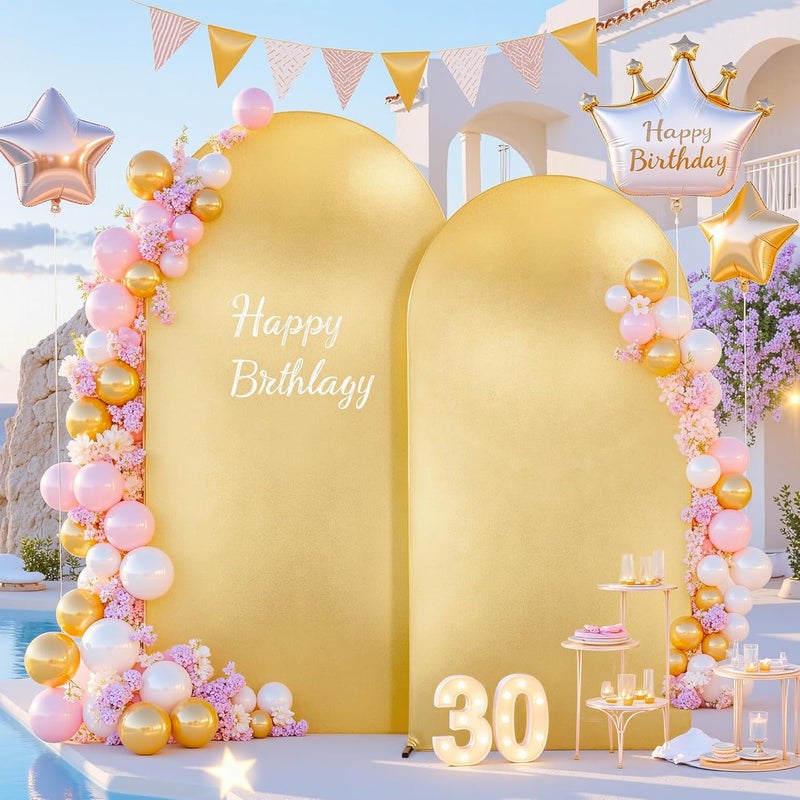 Suppromo Gold Yellow Arch Covers 7.2 and 6ft Sequin Sparkly Birthday Party Arch Backdrop Covers Set of 2 Spandex Shimmer Balloon Arch Stand Cover for Wedding Bridal Shower Baby Shower Photo Arches Background - Image 1