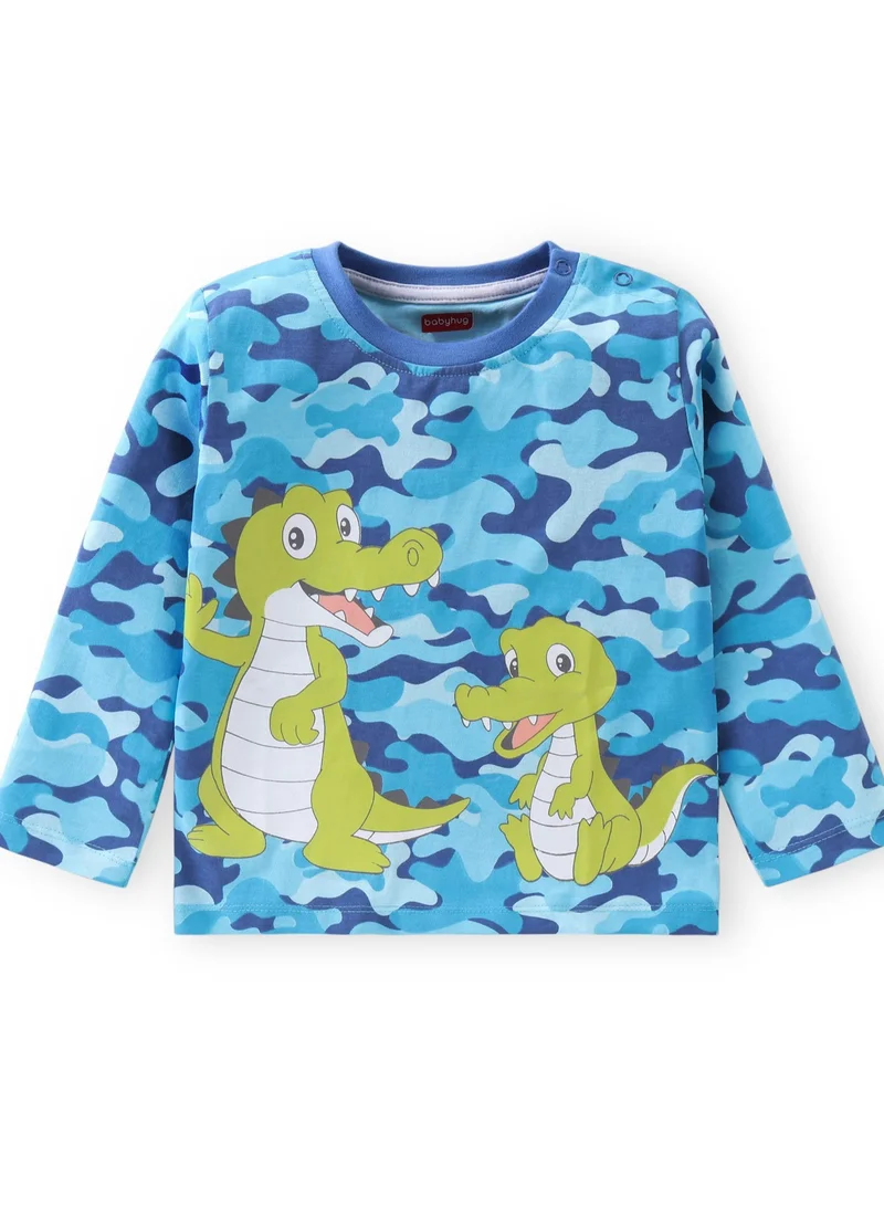 babyhug Babyhug 100% Cotton Full Sleeves T-Shirt With Dino & Camo Graphics- Blue