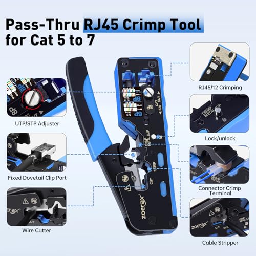 Zoerax Professional Network Tool Kit ZOERAX 14 in 1 RJ45 Crimp Tool Cat6 Pass Through Connectors and Boots Cable Tester Wire Stripper Ethernet Punch Down Tool - Image 3