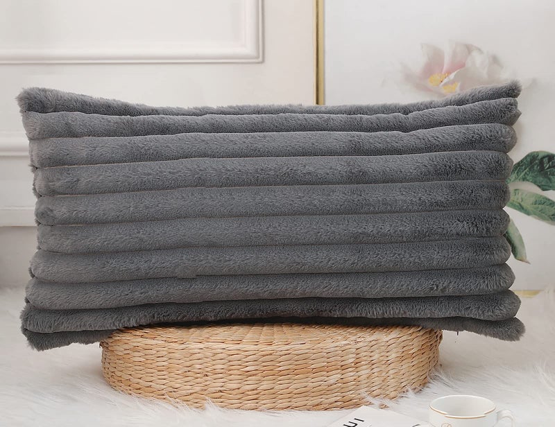 PANOD Faux Fur Decorative Lumbar Throw Pillow Covers 14 x 24 Long Boho Lumbar Pillow Covers Pillow Case Cushion Case for Couch Bed Sofa Farmhouse Livingroom Grey - Image 1