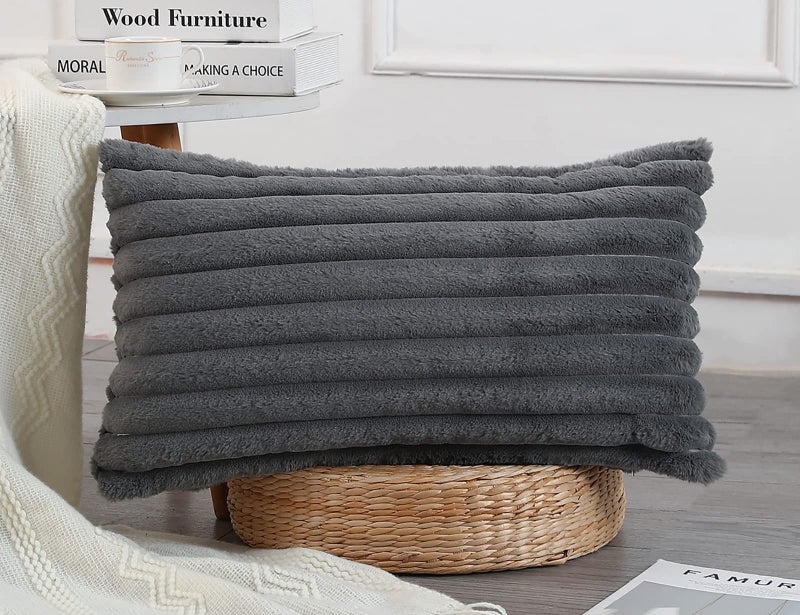 PANOD Faux Fur Decorative Lumbar Throw Pillow Covers 14 x 24 Long Boho Lumbar Pillow Covers Pillow Case Cushion Case for Couch Bed Sofa Farmhouse Livingroom Grey - Image 3