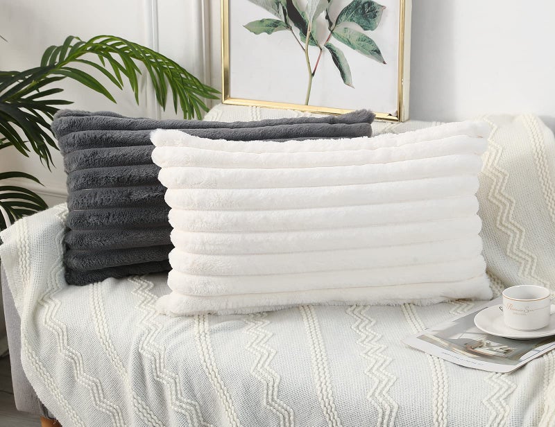 PANOD Faux Fur Decorative Lumbar Throw Pillow Covers 14 x 24 Long Boho Lumbar Pillow Covers Pillow Case Cushion Case for Couch Bed Sofa Farmhouse Livingroom Grey - Image 4