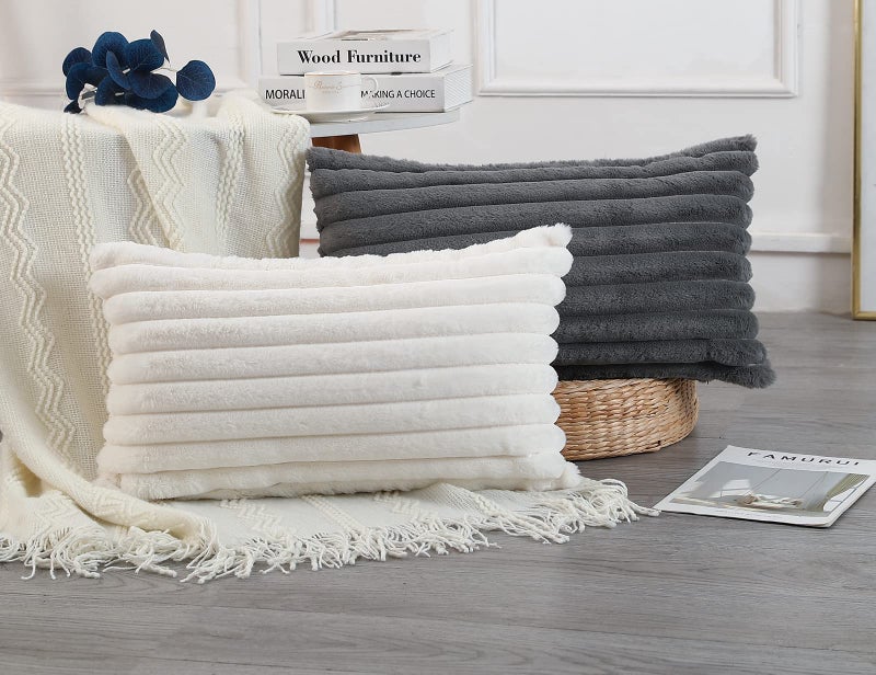 PANOD Faux Fur Decorative Lumbar Throw Pillow Covers 14 x 24 Long Boho Lumbar Pillow Covers Pillow Case Cushion Case for Couch Bed Sofa Farmhouse Livingroom Grey - Image 2