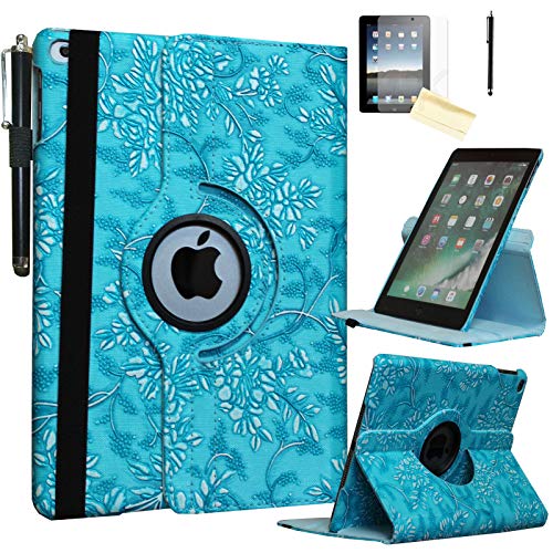 JYtrend Smart Case for iPad 5th / 6th Generation (9.7") with Pencil Holder, Rotating Stand Magnetic Auto Wake Sleep Cover for 2017/2018 iPad 9.7 Model A1893 A1954 A1822 A1823 (Embossed Blue Flower) - Image 1
