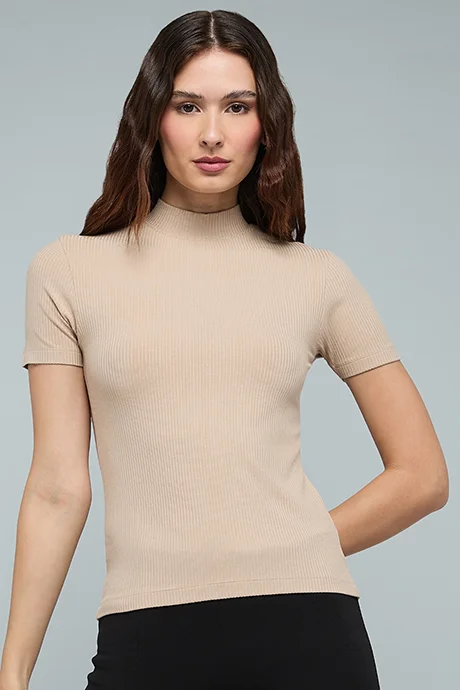 أر أند بي Ribbed Top with High Neck and Short Sleeves