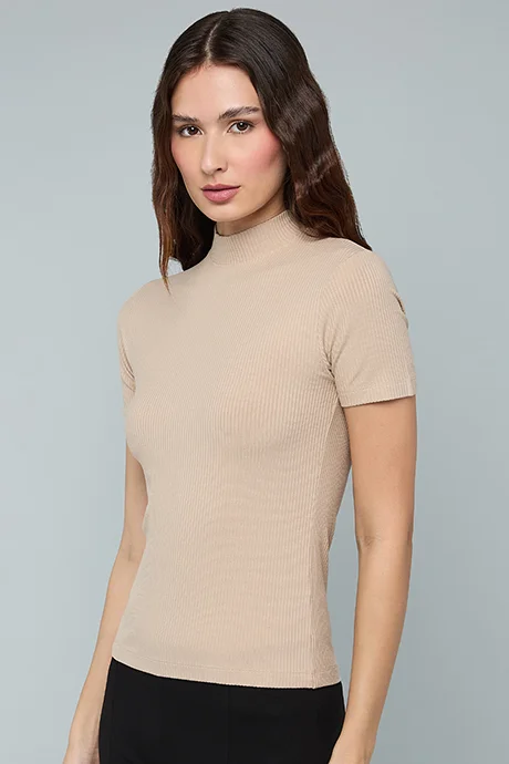 أر أند بي Ribbed Top with High Neck and Short Sleeves