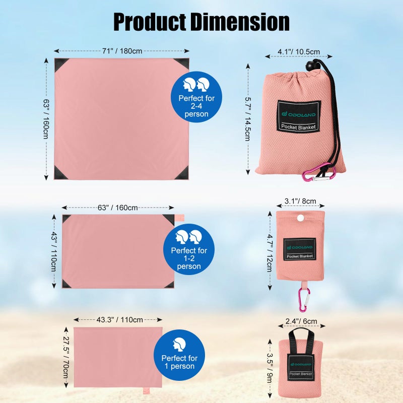Odoland Beach Blanket Picnic Blanket, 43.3" x 27.5" SandProof Waterproof Outdoor Pocket Blanket with Portable Bag, Foldable Lightweight Sand Free Beach Mat for 1 People Hiking, Camping, Travel, Pink - Image 2